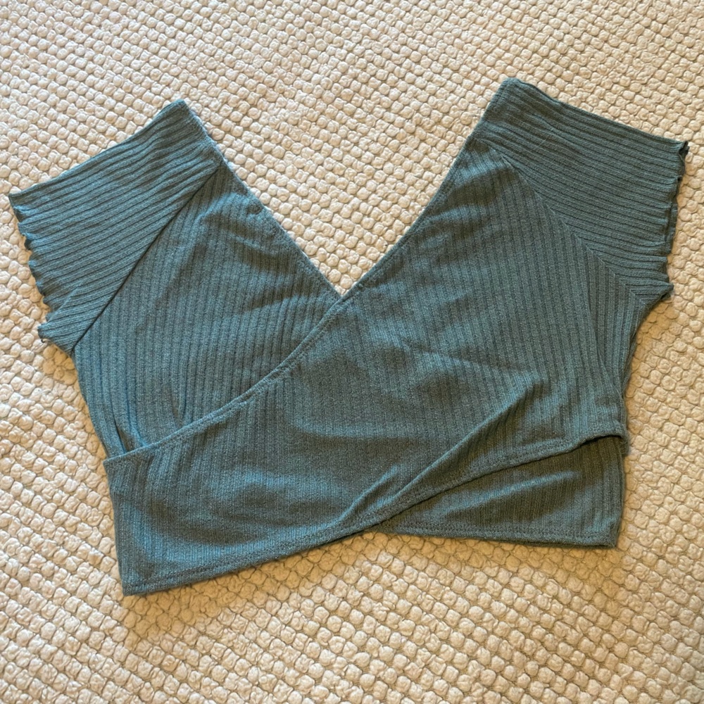 Ribbed Ballet Style Faux-Wrap Top in Teal